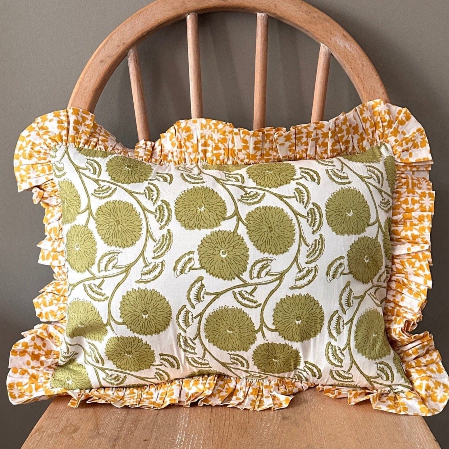 Cushions Small Ruffle Cushion - Pea Green Dahlias