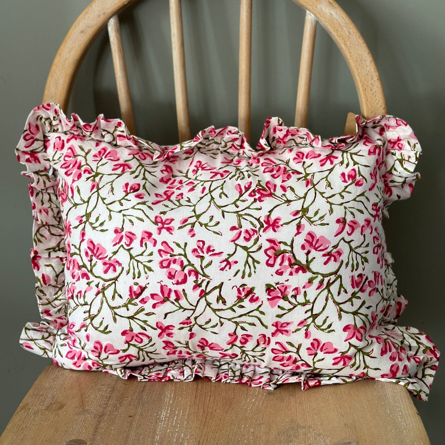 Cushions Small Ruffle Cushion - Pink & Green Flowers on White 20365