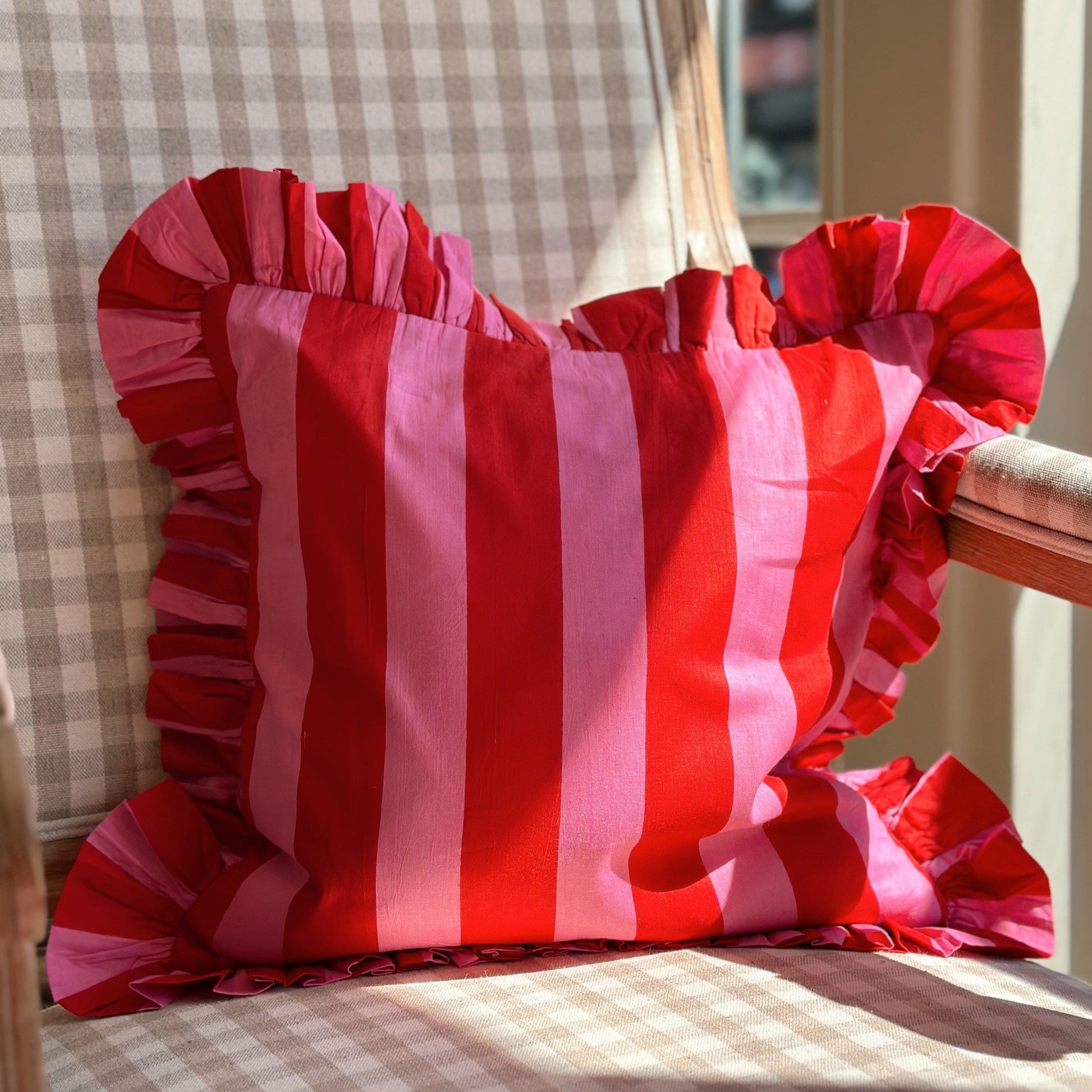 Cushions Small Square Ruffle Cushion - Wide Stripe Scarlet & Pink 20643