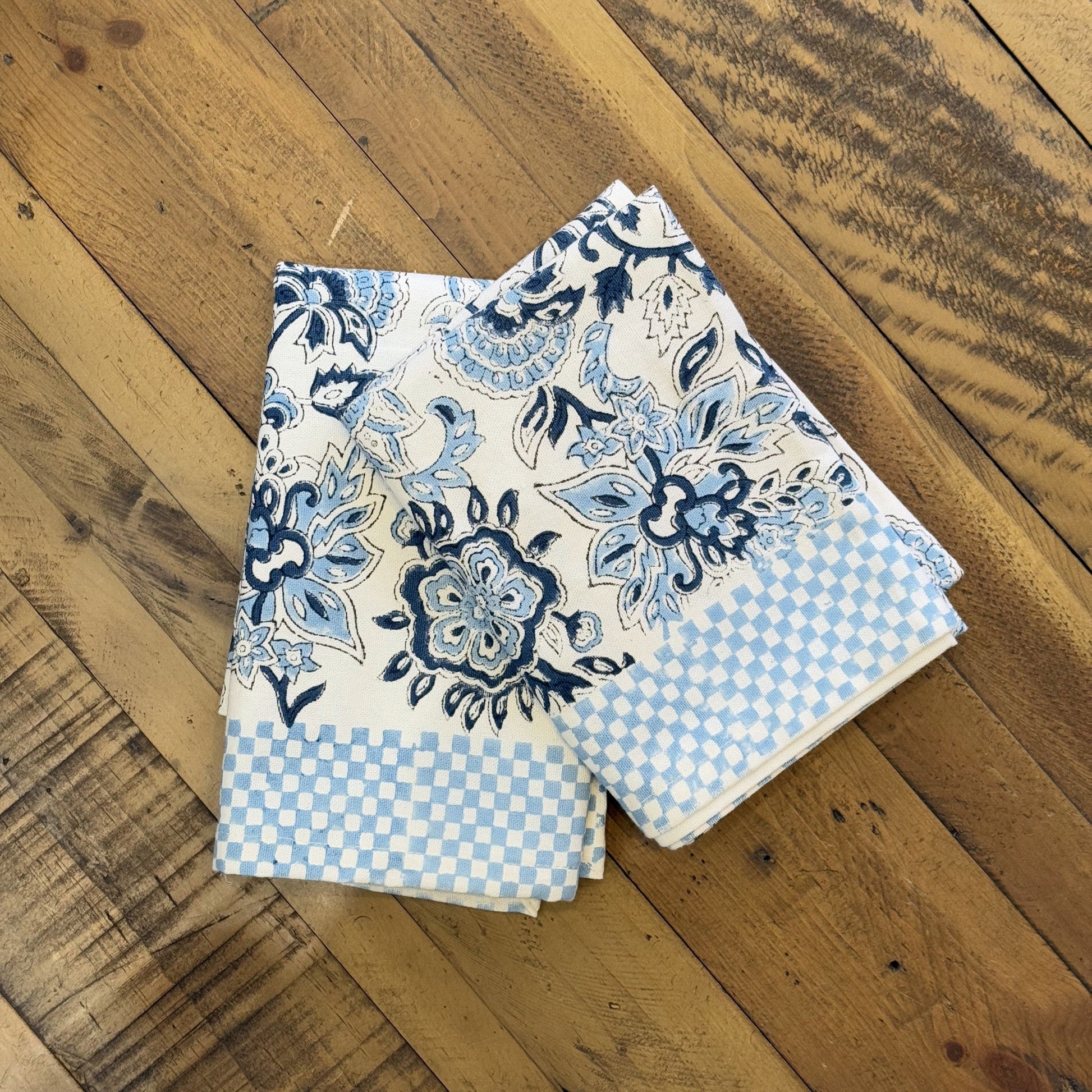 Tea Towels Tea Towel - Blue Botanical with Check Border 22504