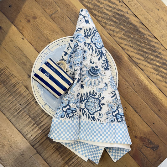 Tea Towels Tea Towel - Blue Botanical with Check Border 22504