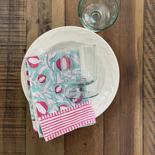 Tea Towels Tea Towel - Pomegranate on Aqua with Stripe Border 23082