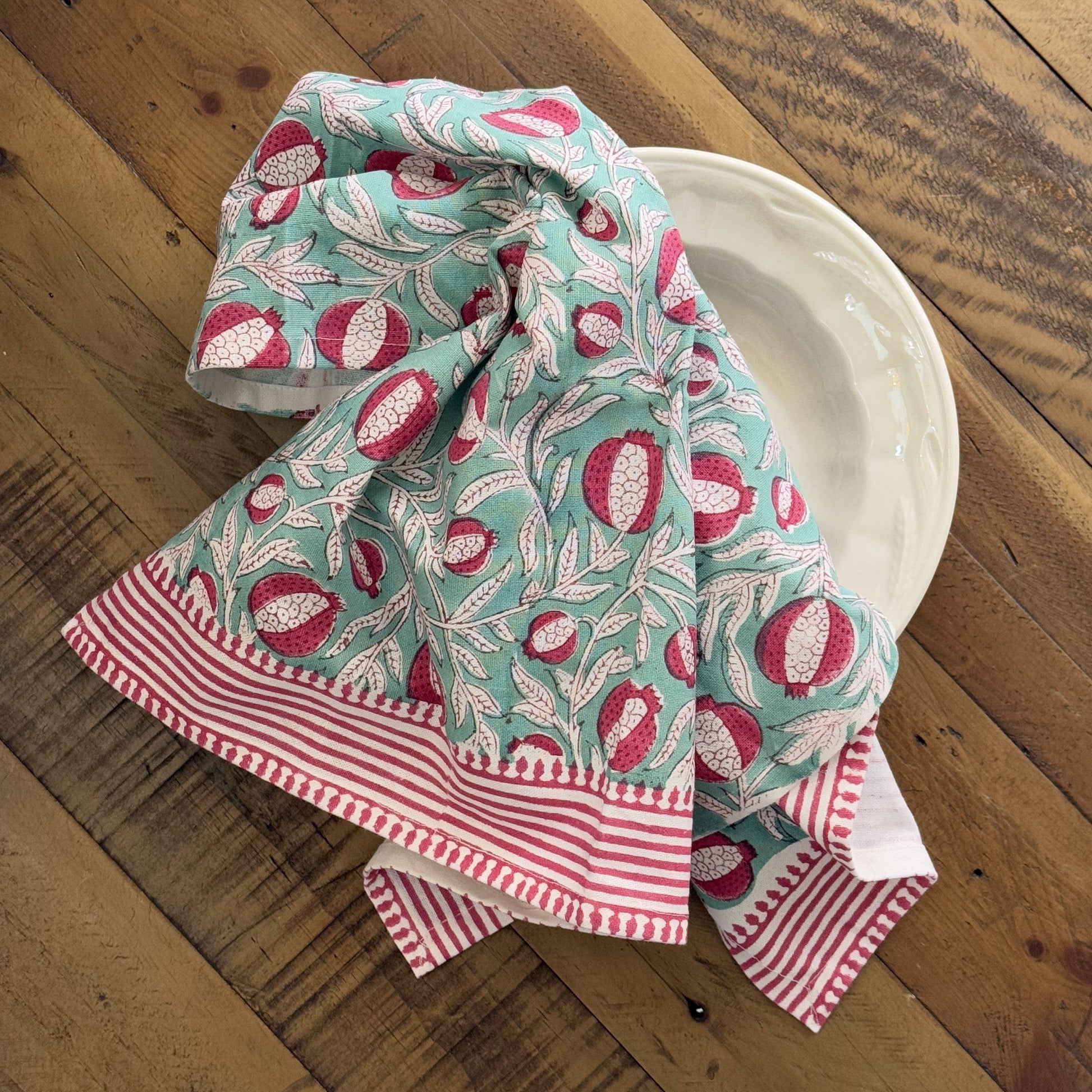 Tea Towels Tea Towel - Pomegranate on Aqua with Stripe Border 23082