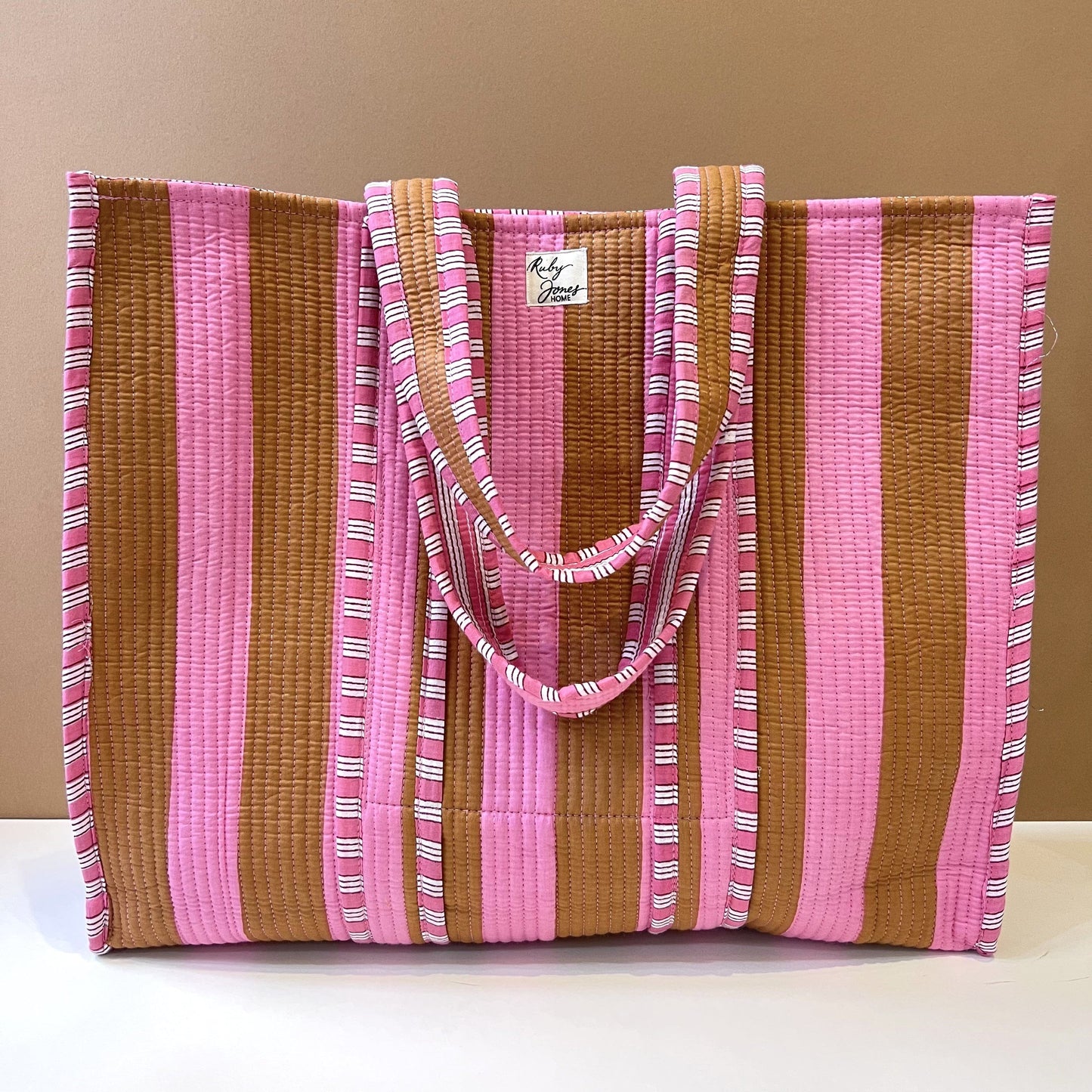Tote Bags Tote - Caramel & Pink Wide Stripe 26711