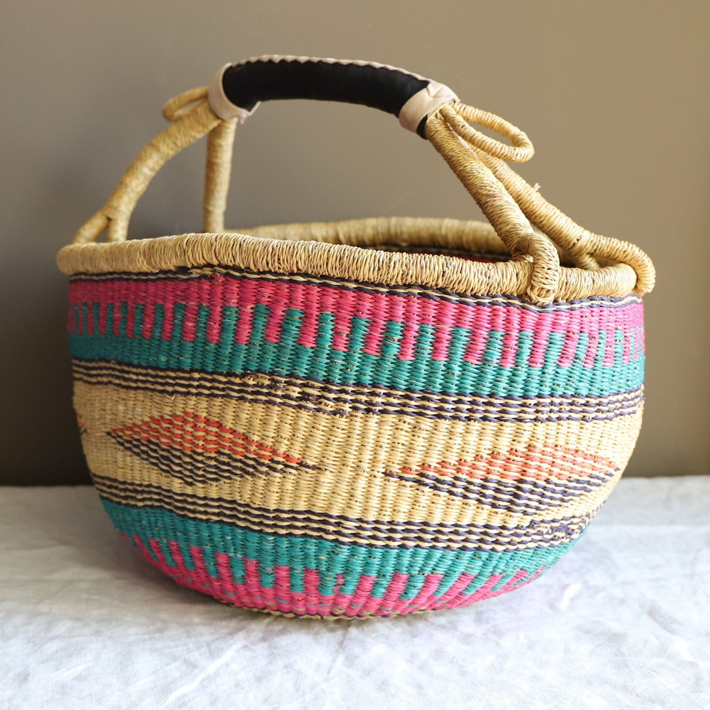 Ghanaian Baskets XL Bolga Basket - Fuchsia, Turquoise w Red/Navy Diamonds 20214
