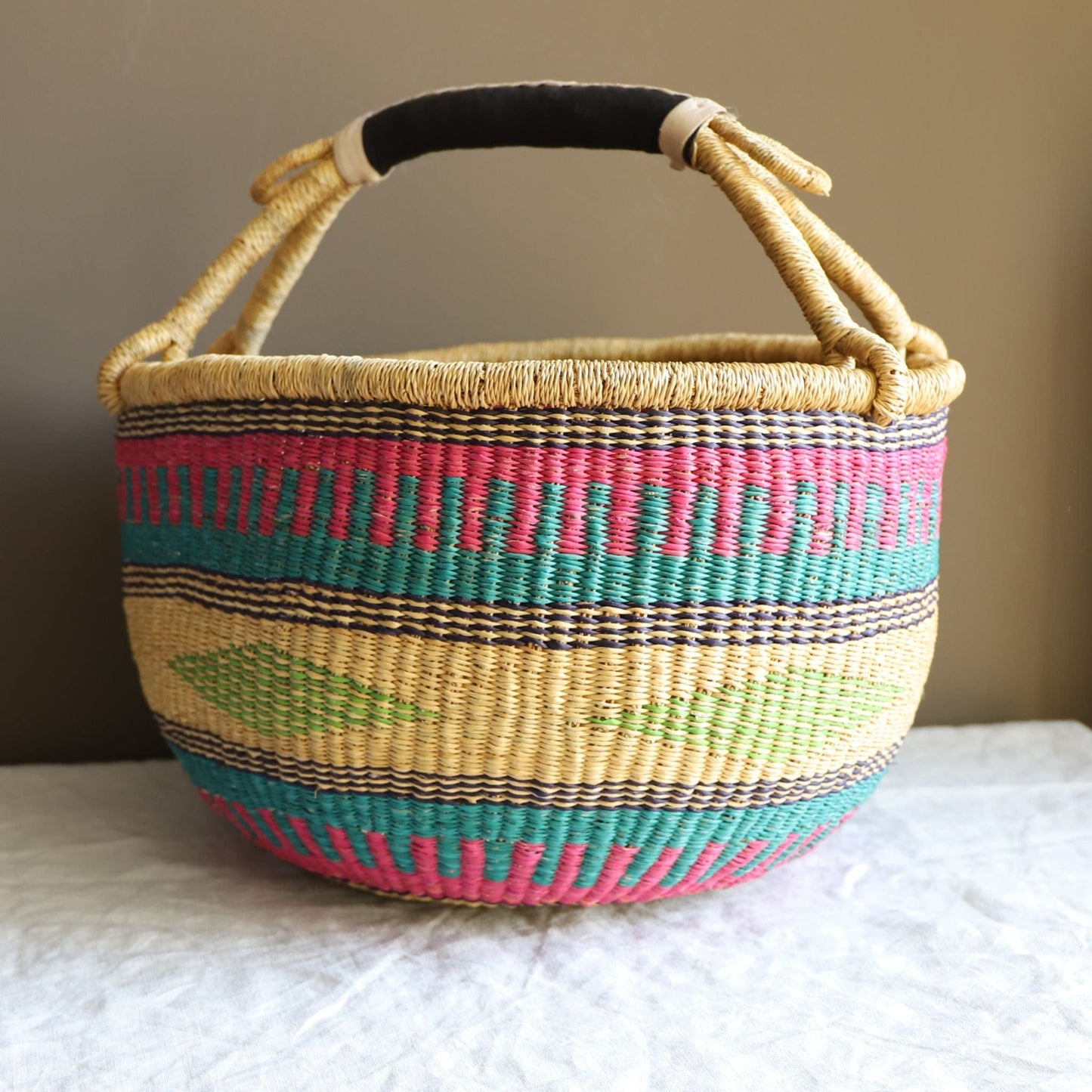 Mabel Baskets & Hampers XL Bolga Basket - Turquoise, Fuchsia w Green Diamonds 20213