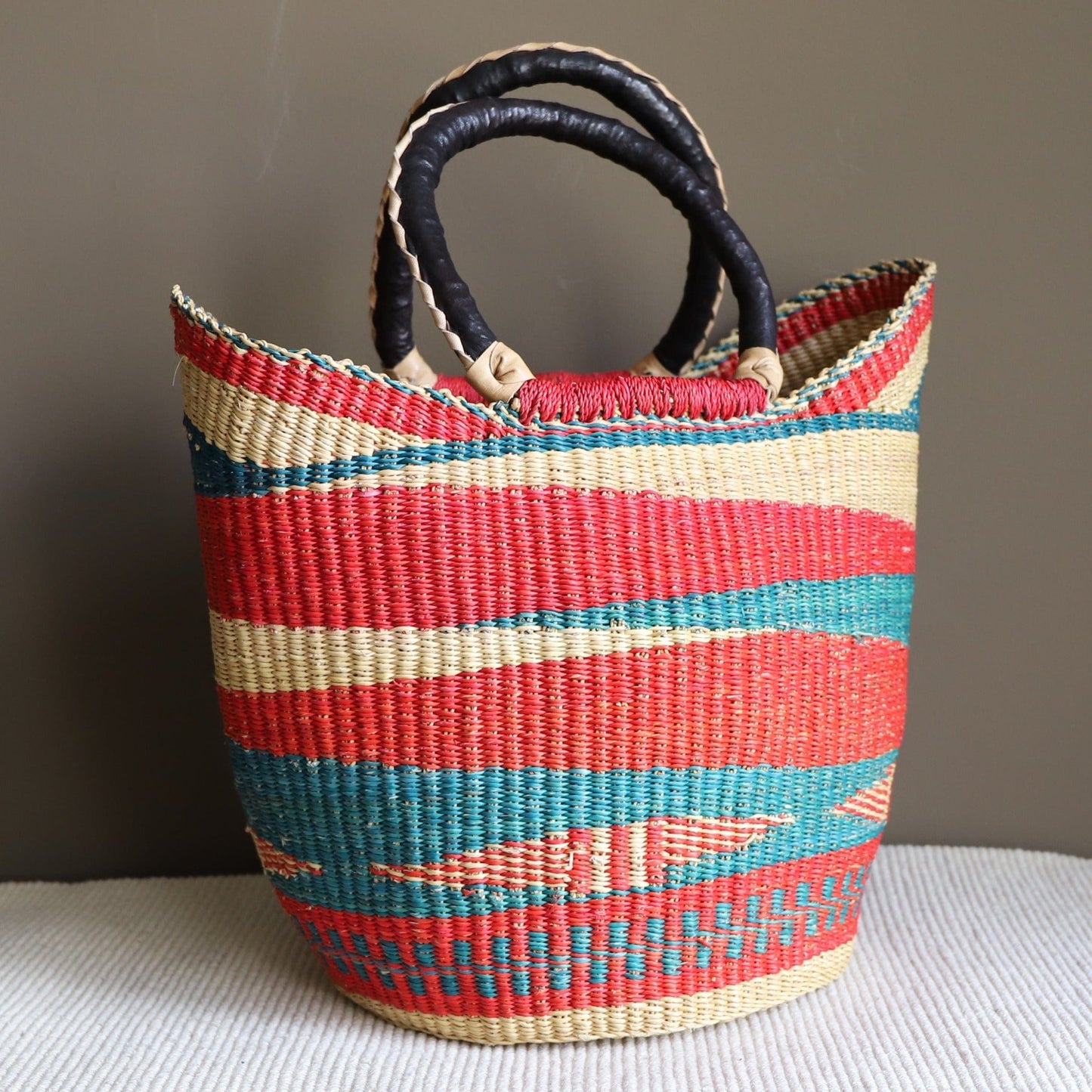 Mabel Baskets & Hampers Bolga Shopping Basket - Red/Sea-green 19956