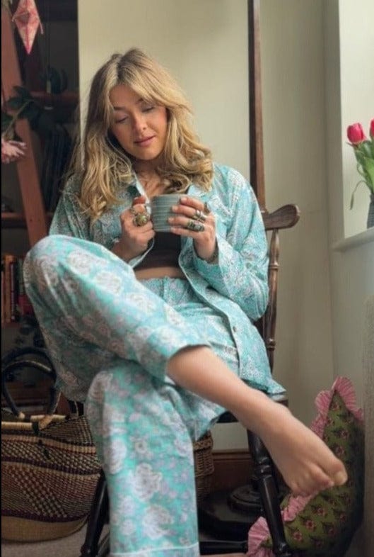 Kapoor Carpets & Textiles Fashion Fine Cotton PJ's - Full Set - Aqua Botanical