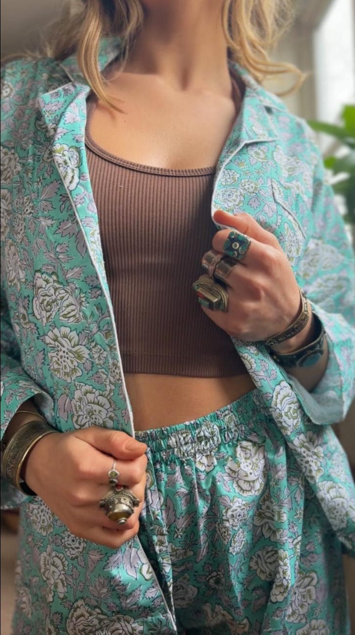 Kapoor Carpets & Textiles Fashion Fine Cotton PJ's - Full Set - Aqua Botanical