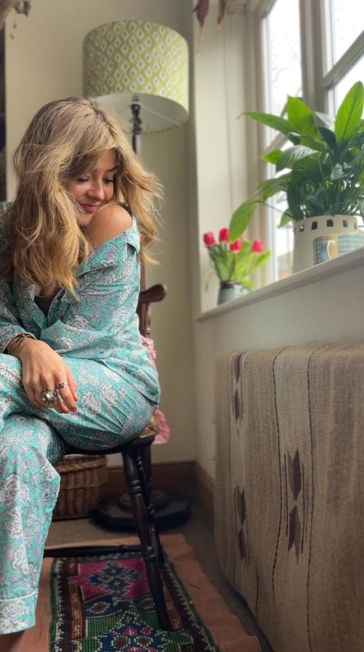Kapoor Carpets & Textiles Fashion Fine Cotton PJ's - Full Set - Aqua Botanical