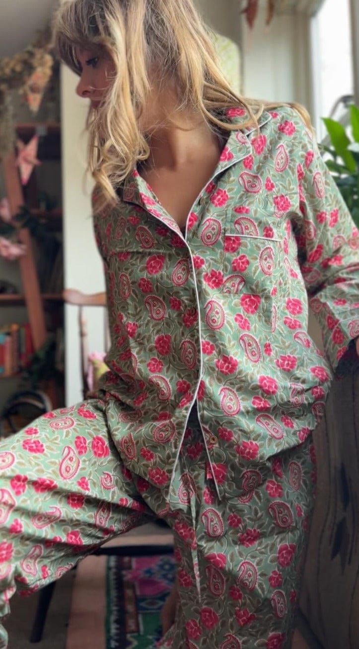 Pyjamas Fine Cotton PJ's - Full Set - Fern and Crimson