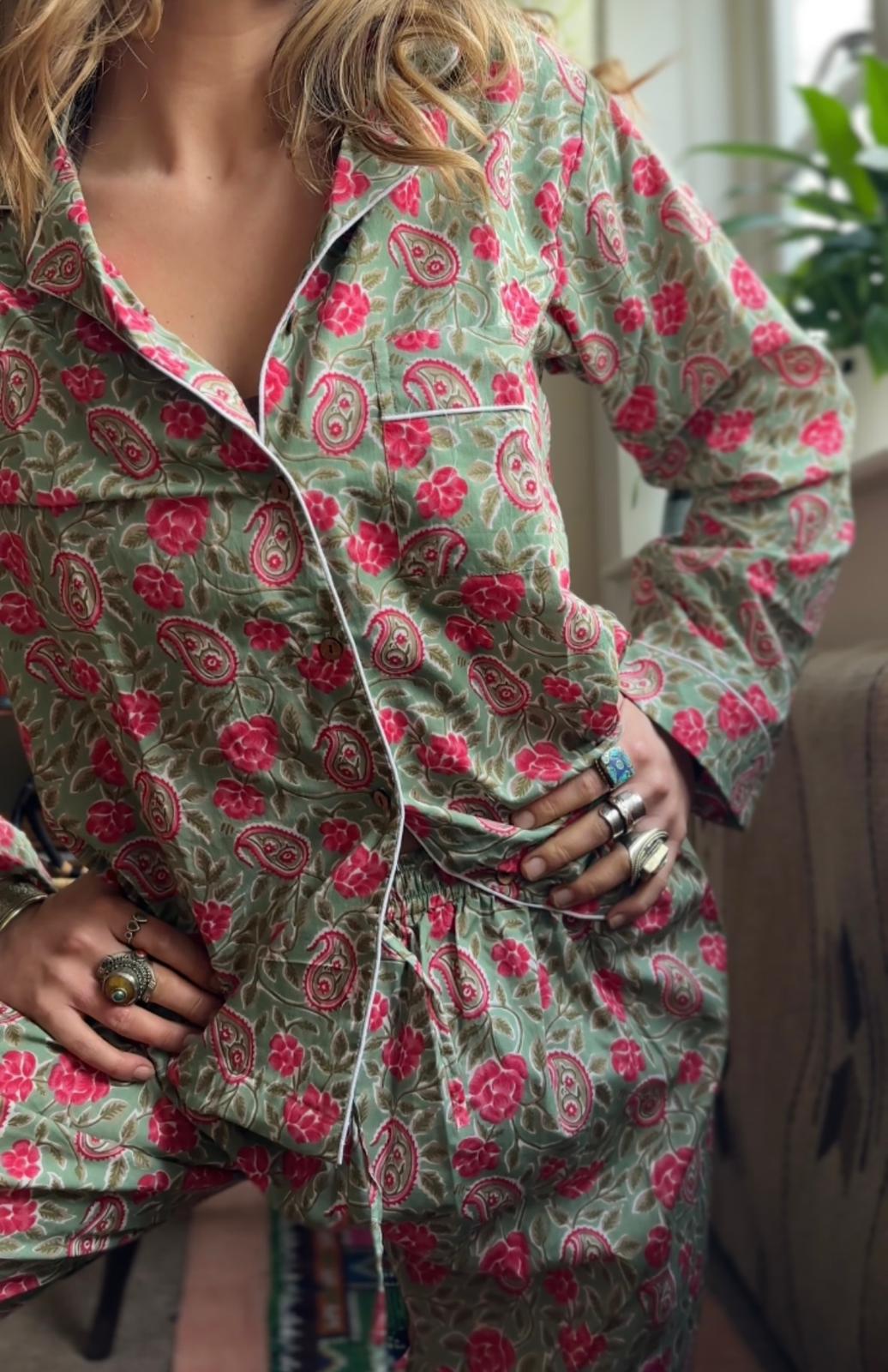 Pyjamas Fine Cotton PJ's - Full Set - Fern and Crimson