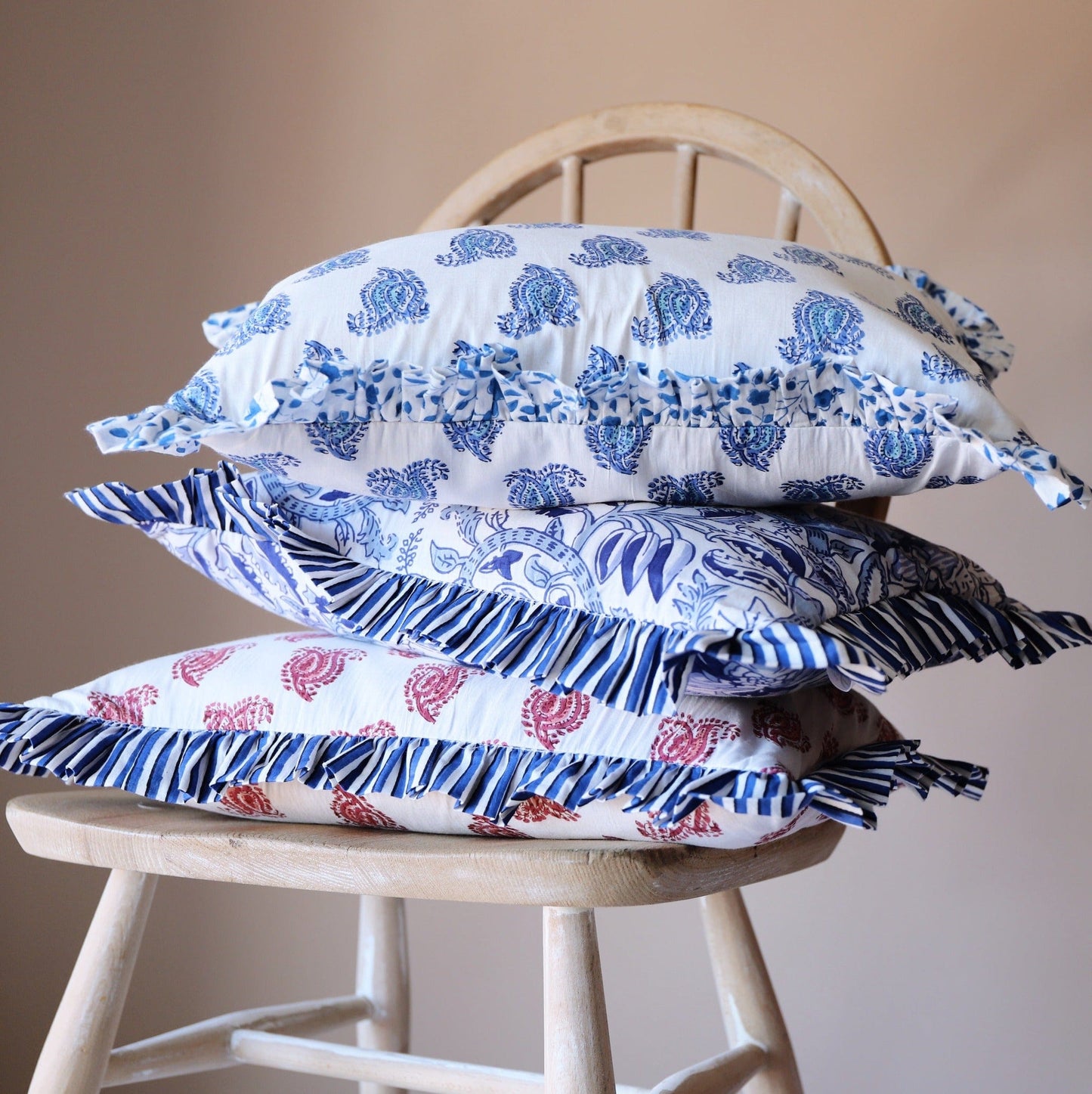 Cushions Small Ruffle Cushion - Brick Red Paisley with Blue Stripe Frill 19841