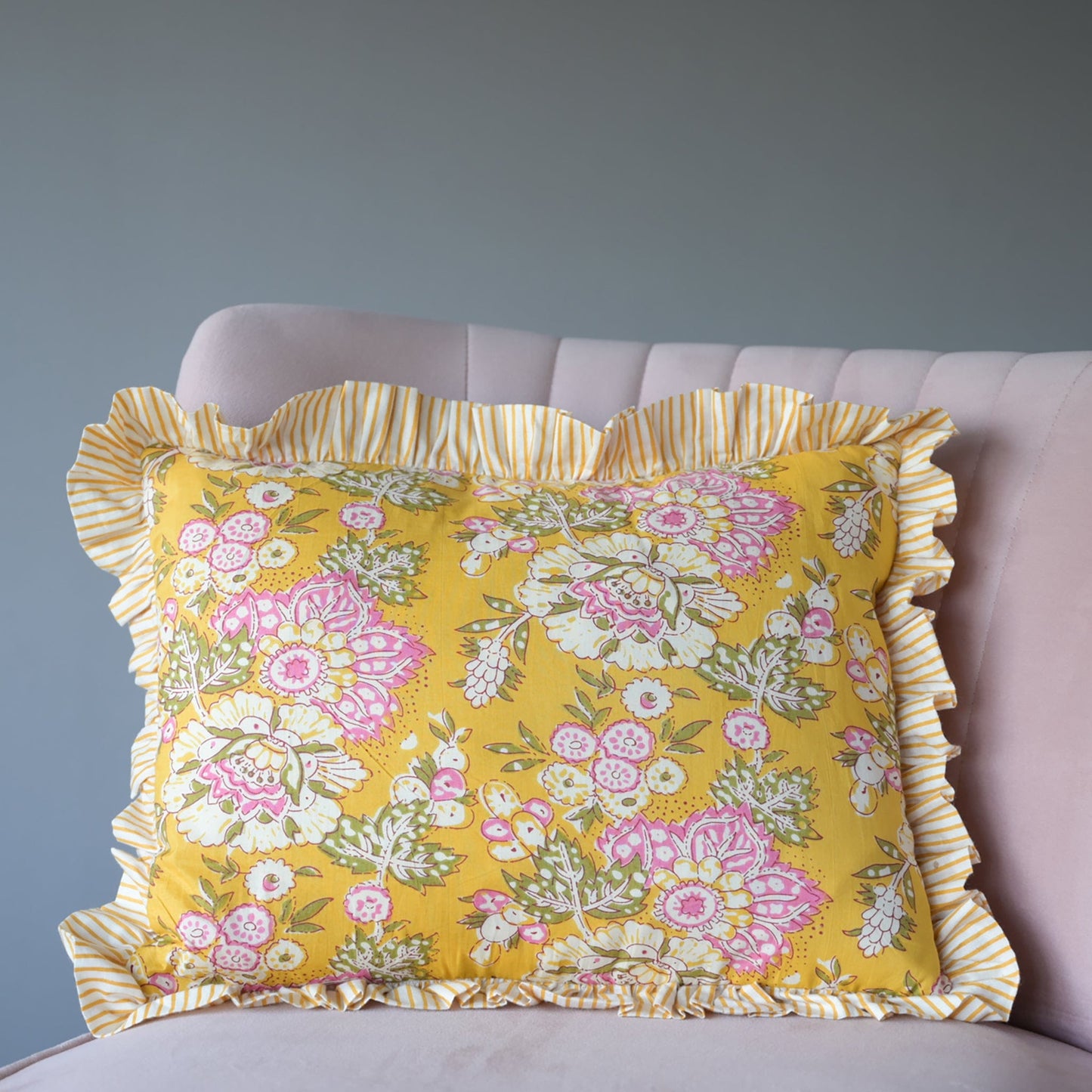 Cushions Small Ruffle Cushion - Pink Flowers on Ochre 19128