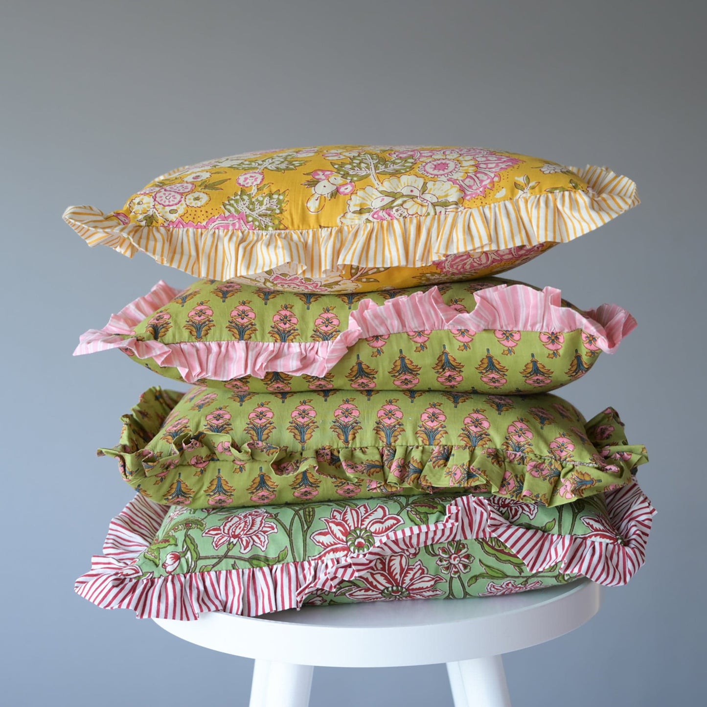 Cushions Small Ruffle Cushion - Pink Flowers on Ochre 19128