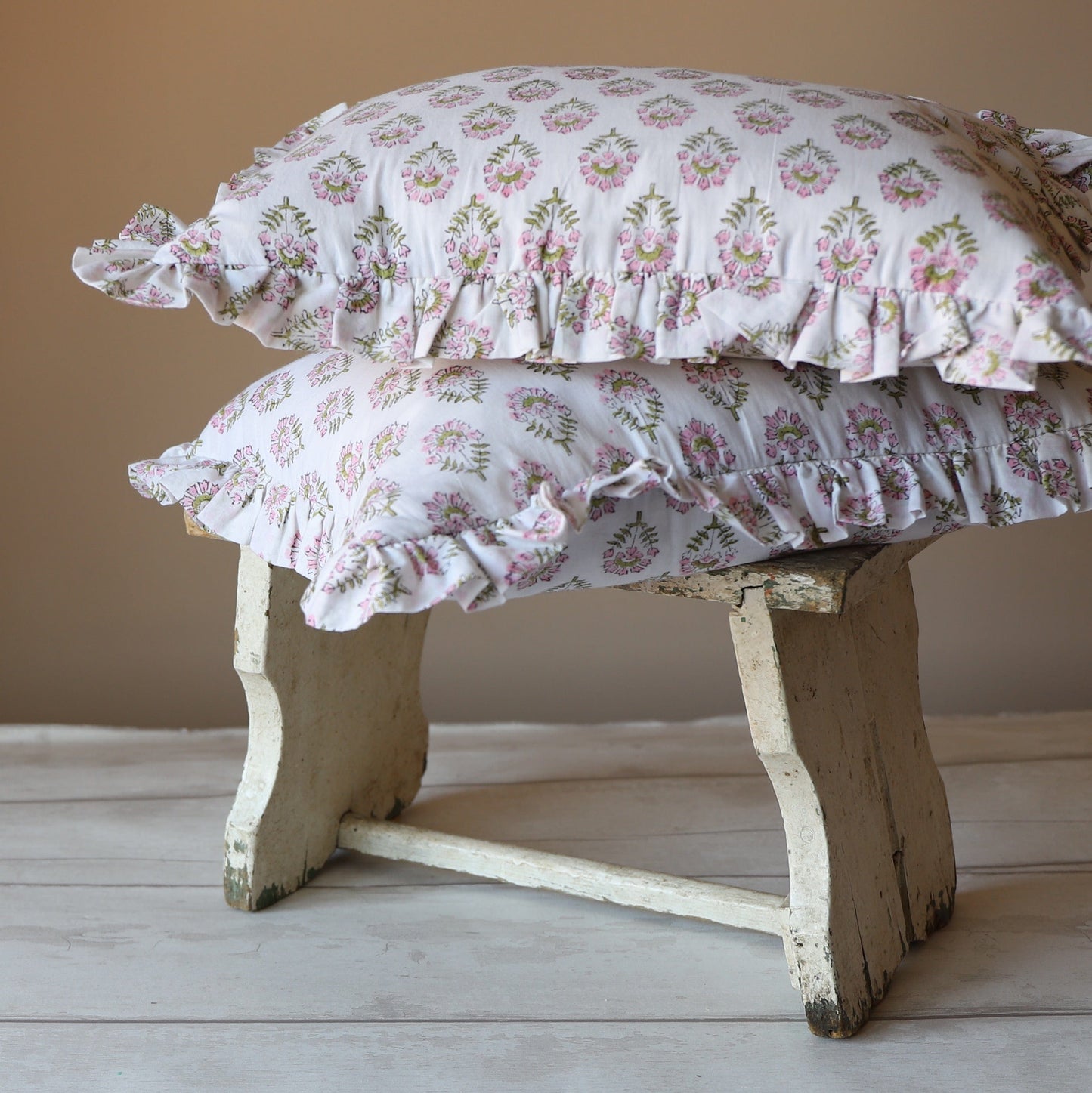 Chippa Arts (Nitin) Cushions Small Ruffle Cushion - Powder Pink Flowers on White 19844