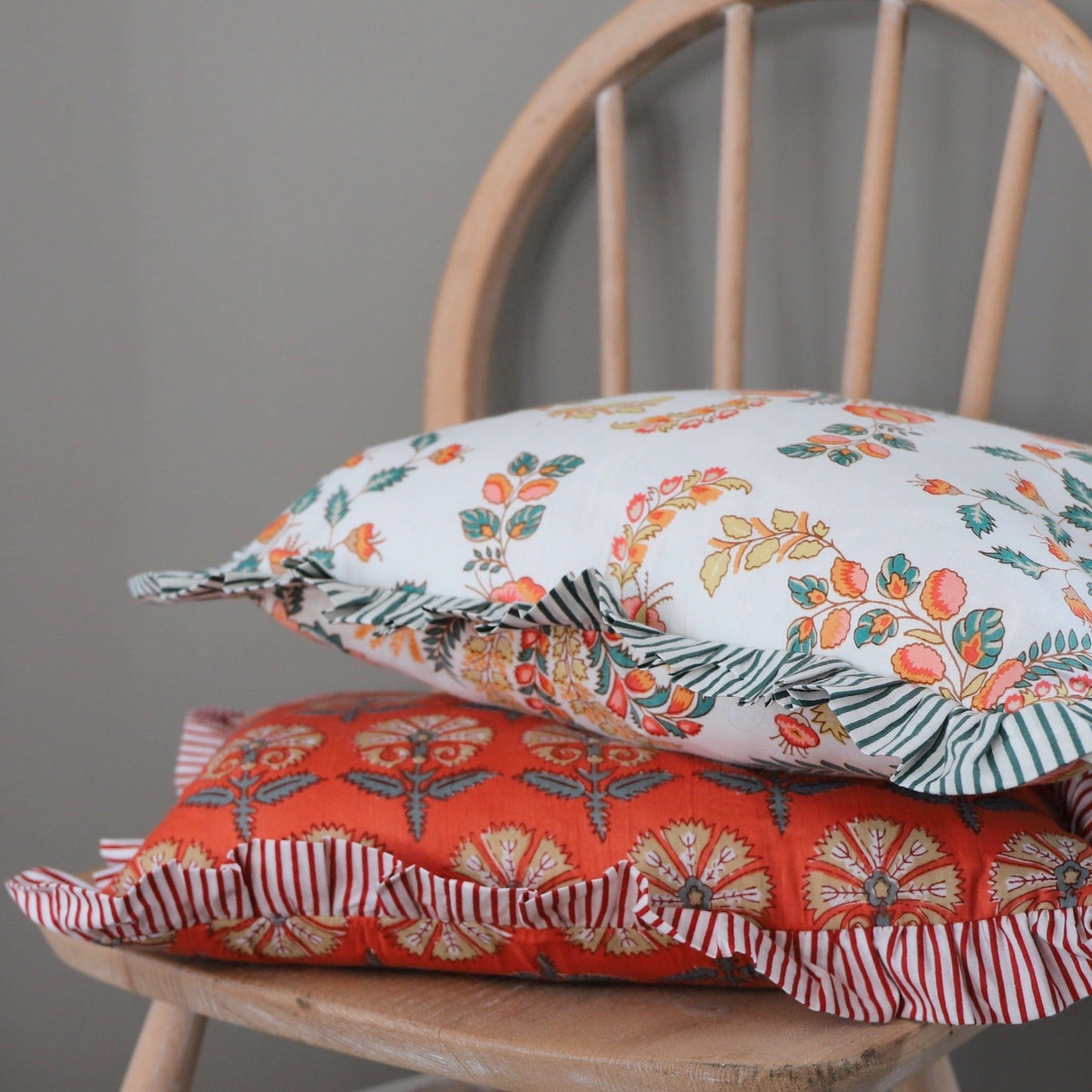 Chippa Arts (Nitin) Cushions Small Ruffle Cushion - Sand and Grey Flowers on Firebrick Red 19474