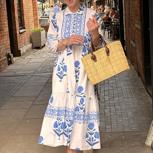 Dresses Block Print Cotton Dress - Indigo Marigolds