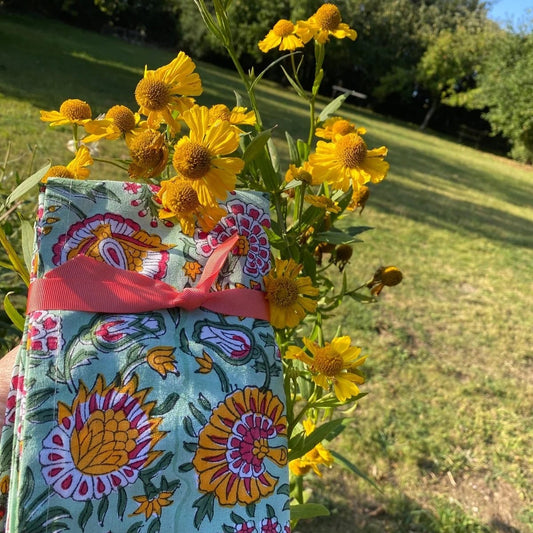 Cloth Blockprint Napkin - Hot Blooms on Pistachio 27077