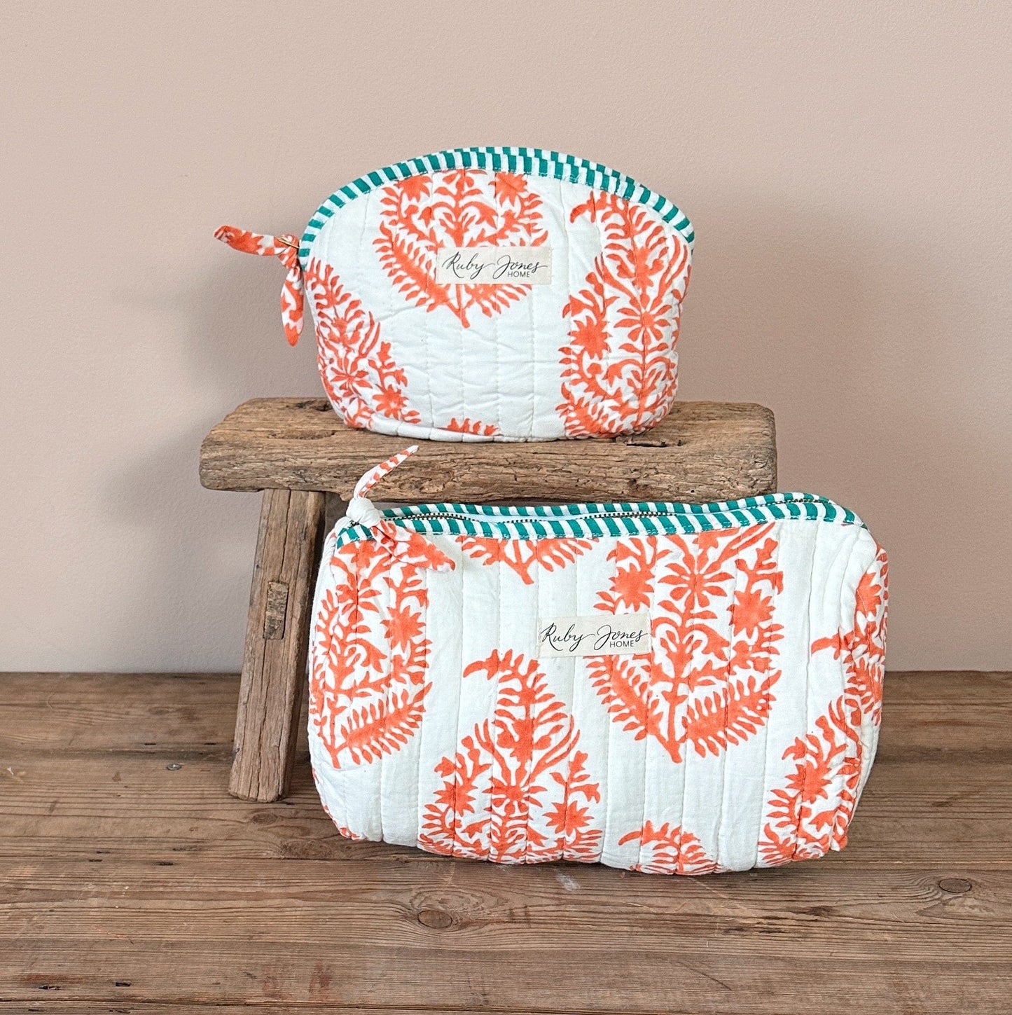 Cosmetics Bags Cosmetic Bag - Coral Flwrs  on White w Jade Stripe