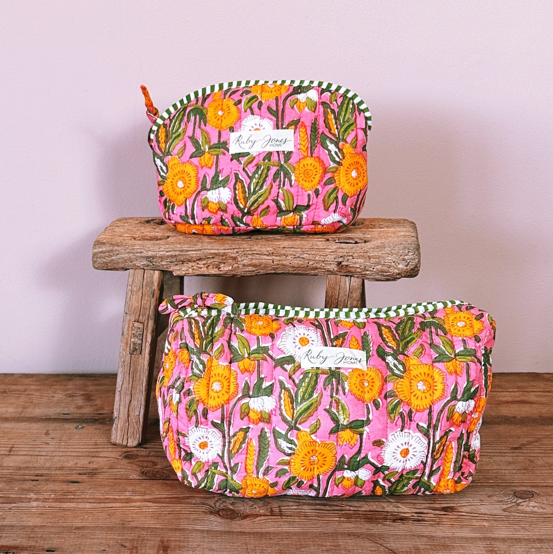 Cosmetics Bags Cosmetic Bag - Marigold on Pink  w Green Stripe