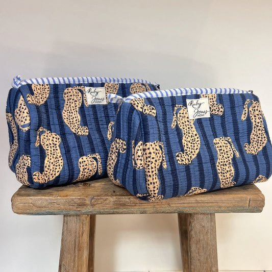 Cosmetics Bags Cosmetics Bag - Cheetahs on Indigo Blue Stripe