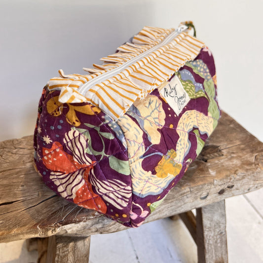 Cosmetics Bags Cosmetics Bag - Nasturtiums on Aubergine with Mustard Frill