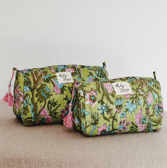Lifestyle Cosmetics Bag - Pink Climbers on Pea Green