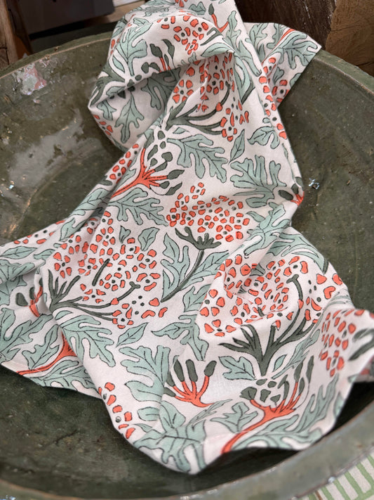 Cloth Cotton Blockprint Napkin - Apricot & Sea Green Hydrangeas 26821
