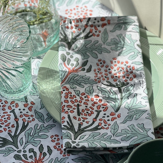Cloth Cotton Blockprint Napkin - Apricot & Sea Green Hydrangeas 26821