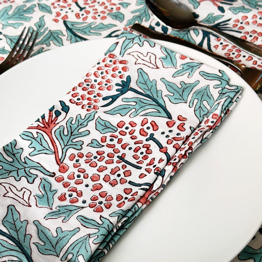 Cloth Cotton Blockprint Napkin - Cambridge Blue & Coral 24933