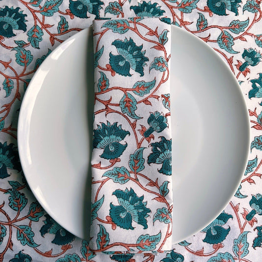 Cloth Cotton Blockprint Napkin - Teal & Russet Climber 24928