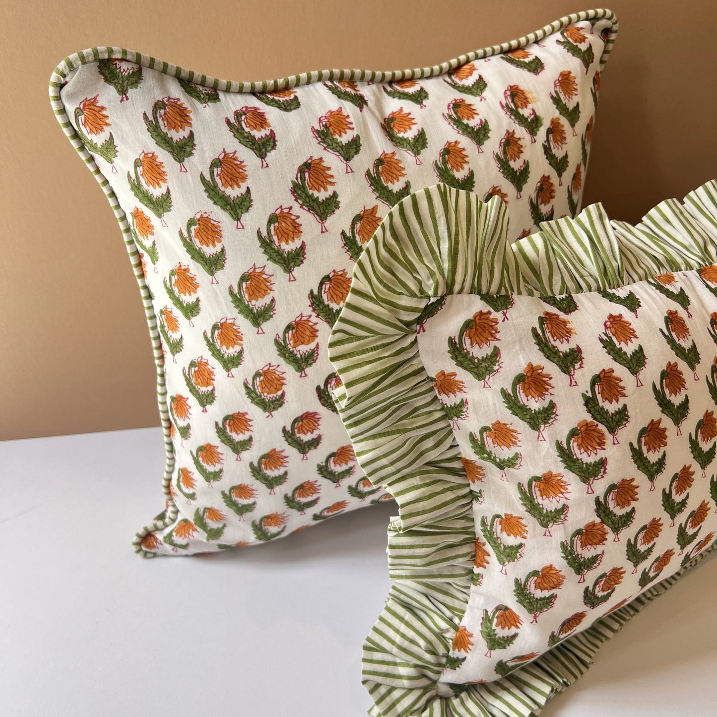 Cushions Cushion - Biscotti Flowers on White with Ruffle or Piping