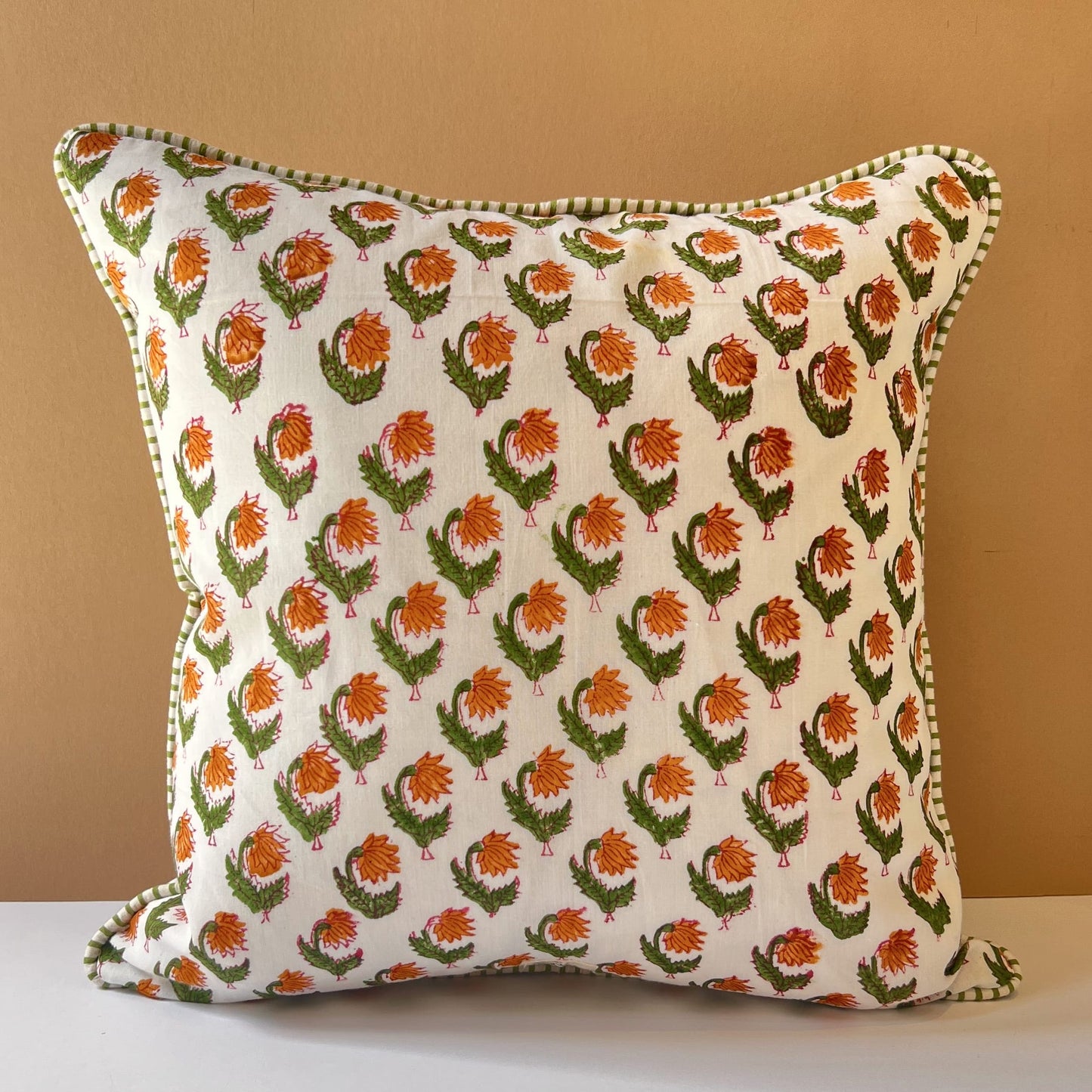 Cushions Cushion - Biscotti Flowers on White with Ruffle or Piping