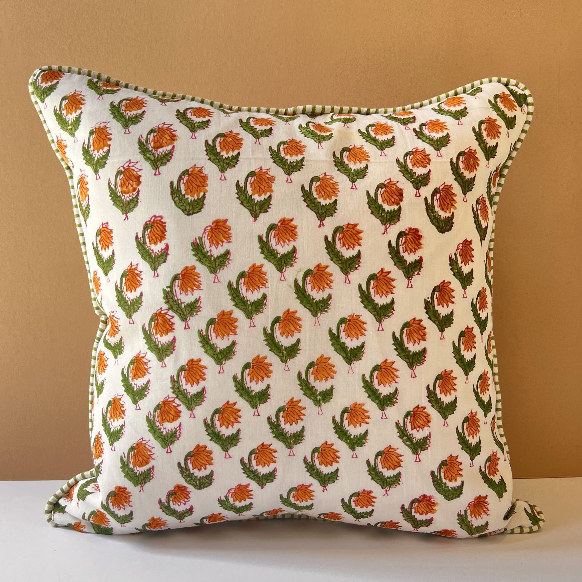 Cushions Cushion - Biscotti Flowers on White with Ruffle or Piping