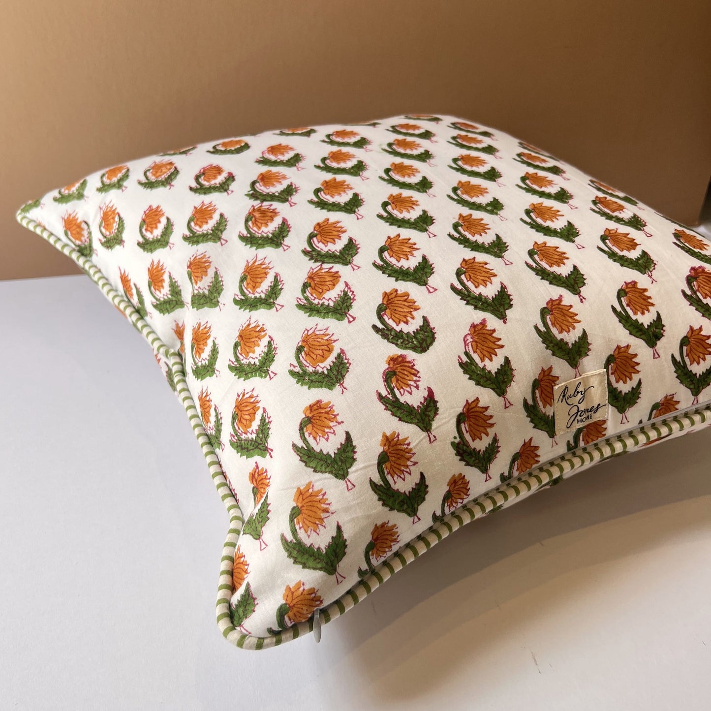 Cushions Cushion - Biscotti Flowers on White with Ruffle or Piping Green Stripe Piping 40x40cm 27760