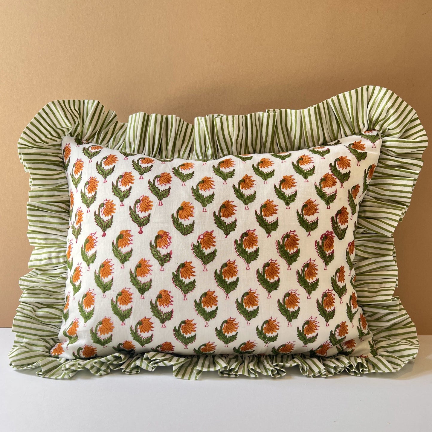 Cushions Cushion - Biscotti Flowers on White with Ruffle or Piping Green Stripe Ruffle 30x40cm 27759