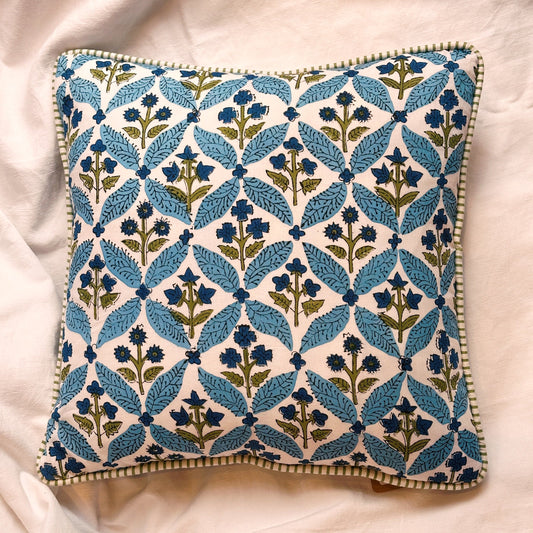 Cushions Cushion - Blue Wildflowers Trellis with Piping Green Stripe Piping 25067