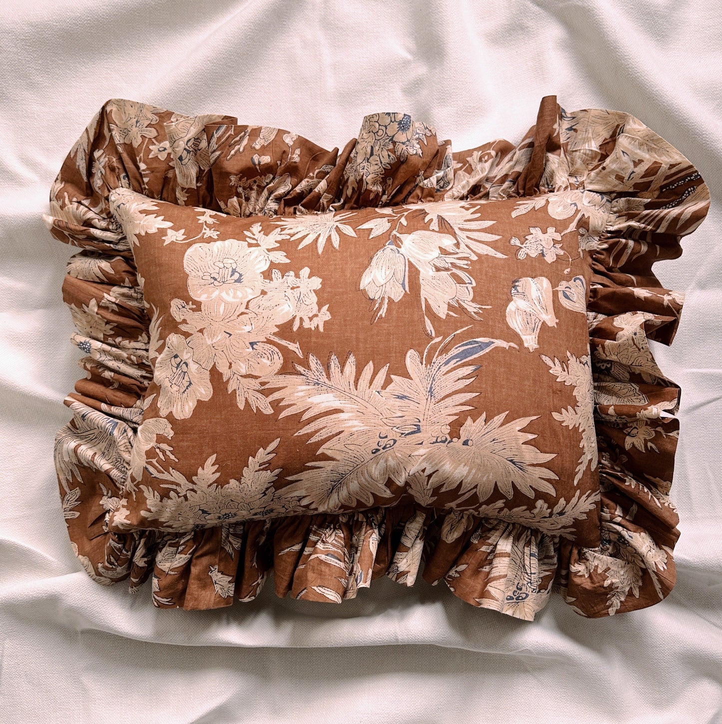 Cushions Cushion - Buff Botanical on Cocoa with matching Ruffle 24457