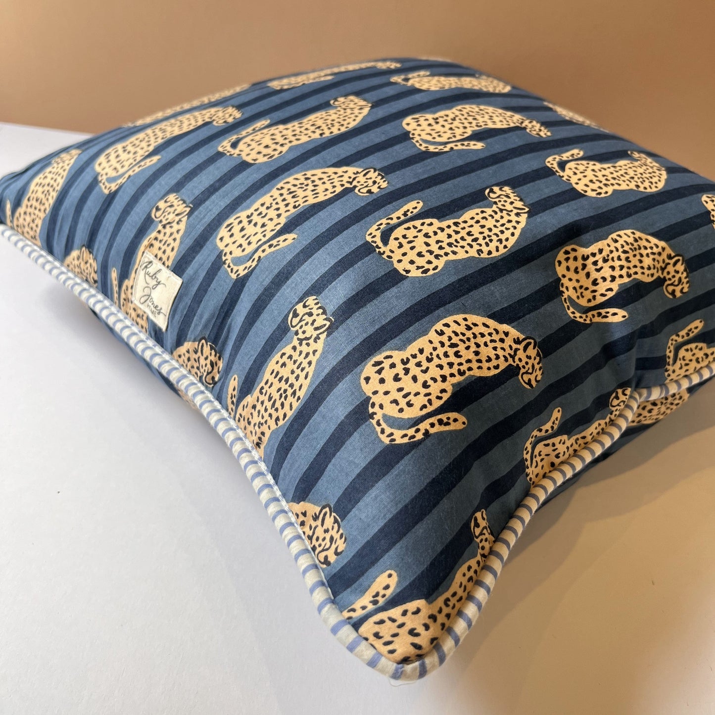 Cushions Cushion - Cheetahs on Indigo Blue Stripe with Yellow Stripe Piping 27914