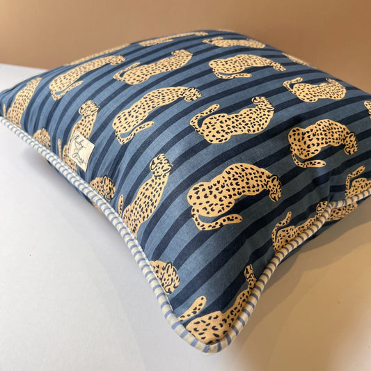Cushions Cushion - Cheetahs on Indigo Blue Stripe with Yellow Stripe Piping 27914