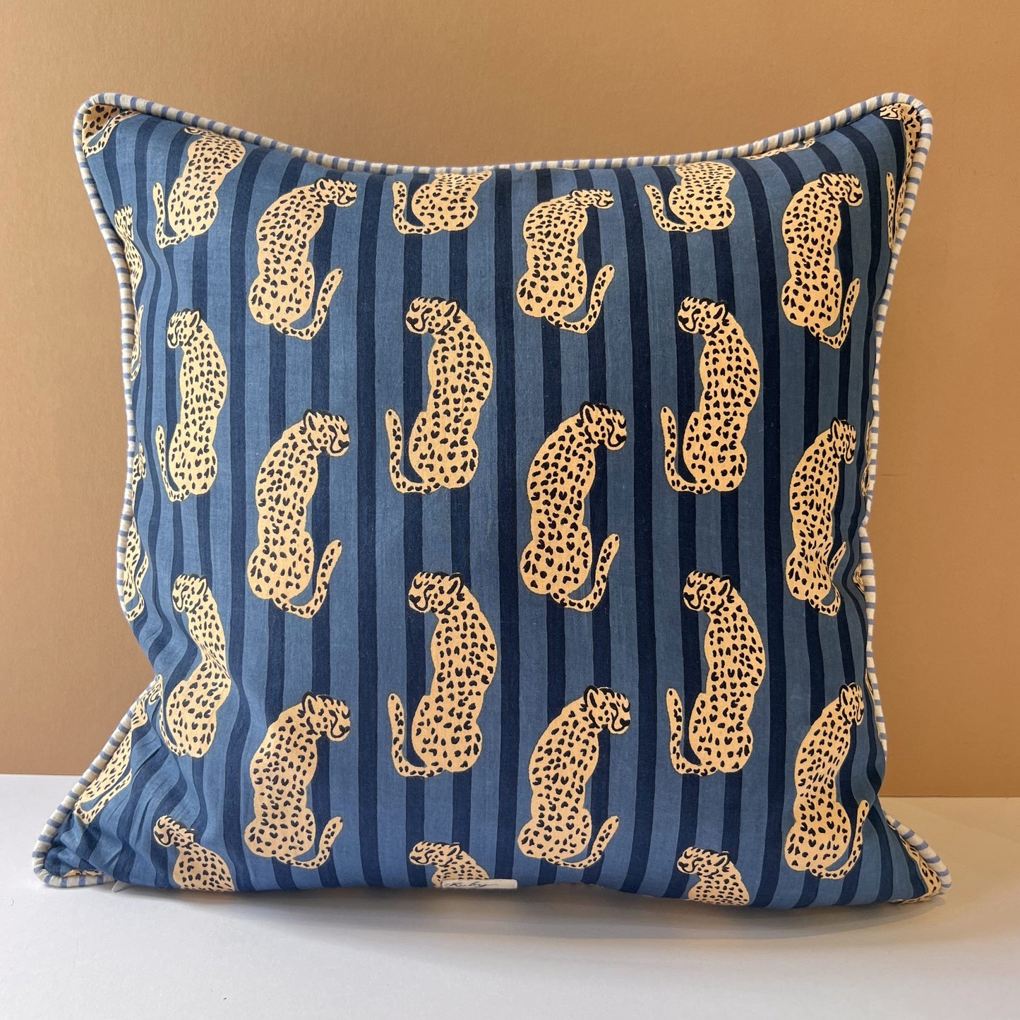 Cushions Cushion - Cheetahs on Indigo Blue Stripe with Yellow Stripe Piping 27914