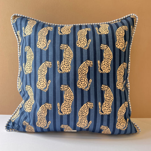Cushions Cushion - Cheetahs on Indigo Blue Stripe with Yellow Stripe Piping 27914