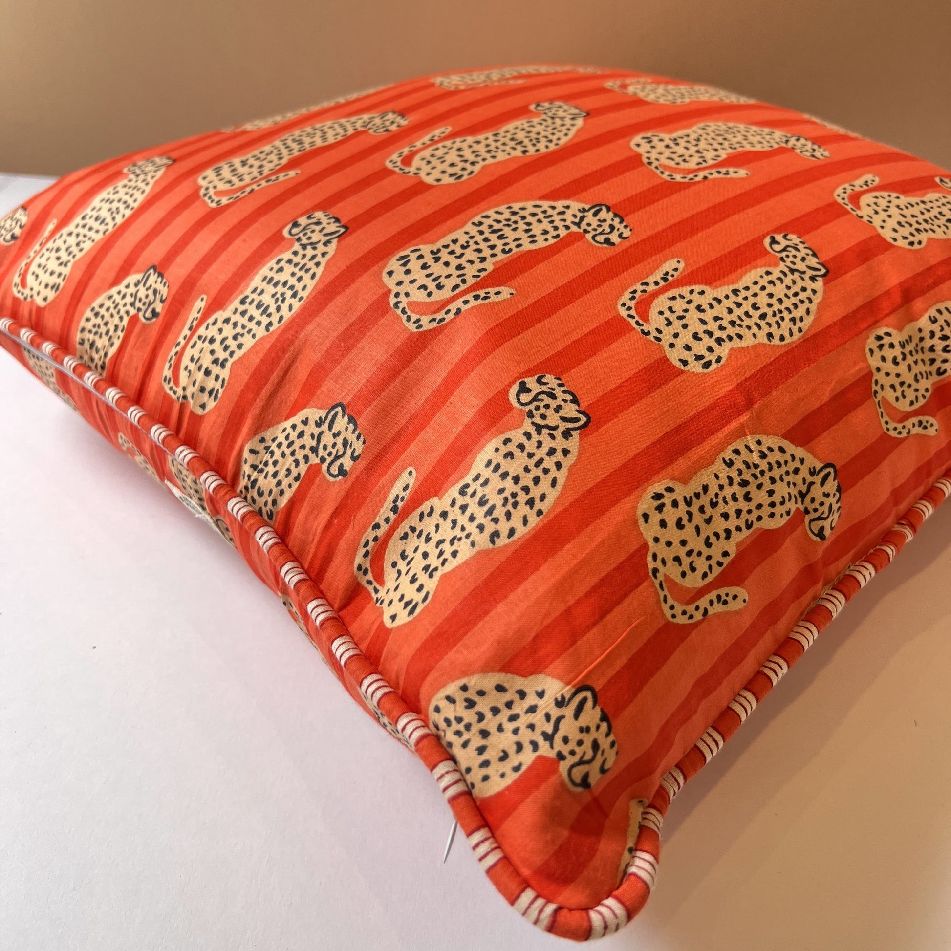 Cushions Cushion - Cheetahs on Orange & Apricot Stripe Matching Piping 27758