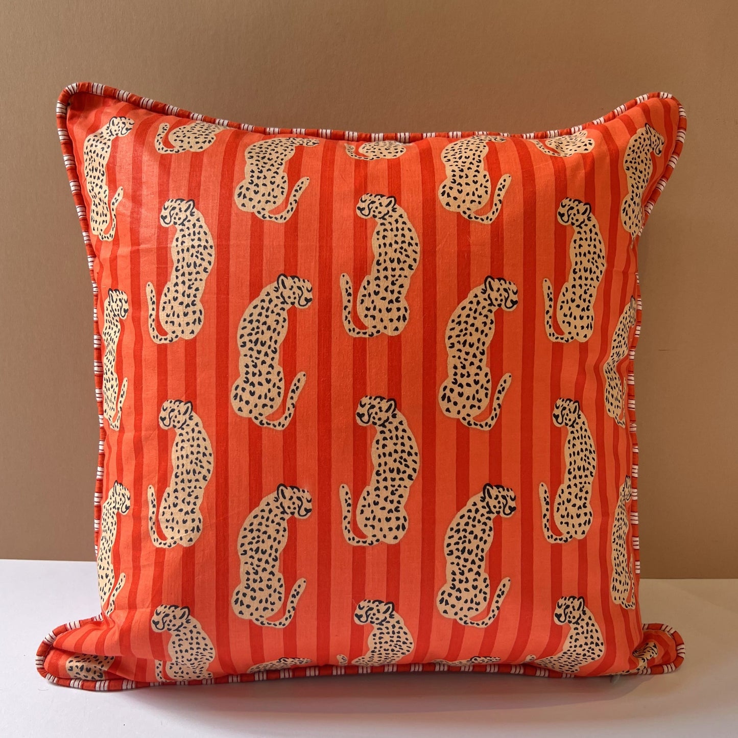 Cushions Cushion - Cheetahs on Orange & Apricot Stripe Matching Piping 27758