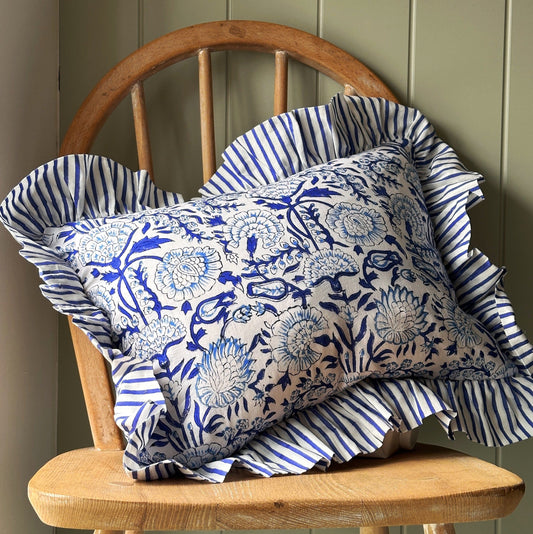 Cushions Cushion - Delft Blues with Blue Stripe Ruffle 22659