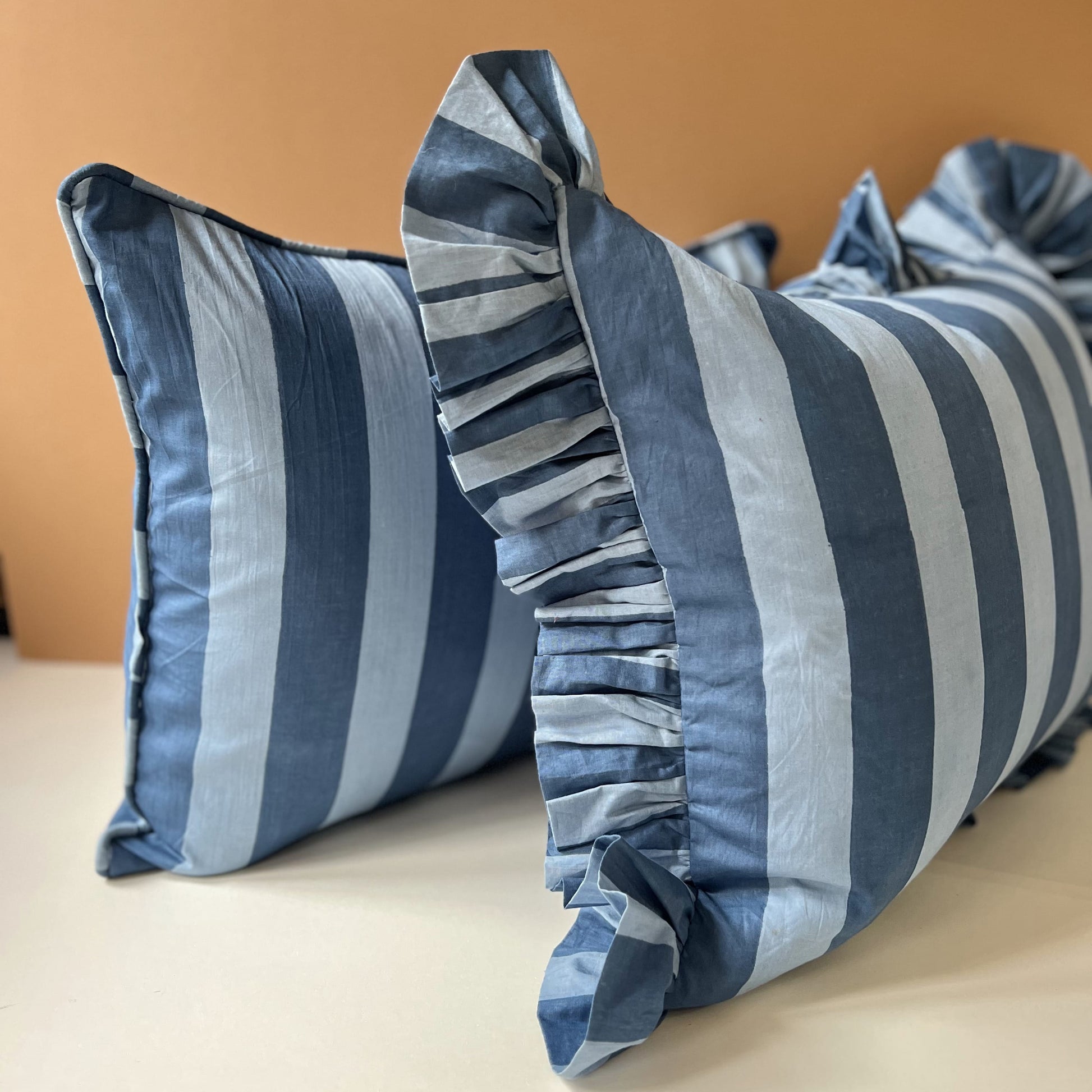 Cushions Cushion - Denim & Sky Blue Wide Stripe with Ruffle or Piping