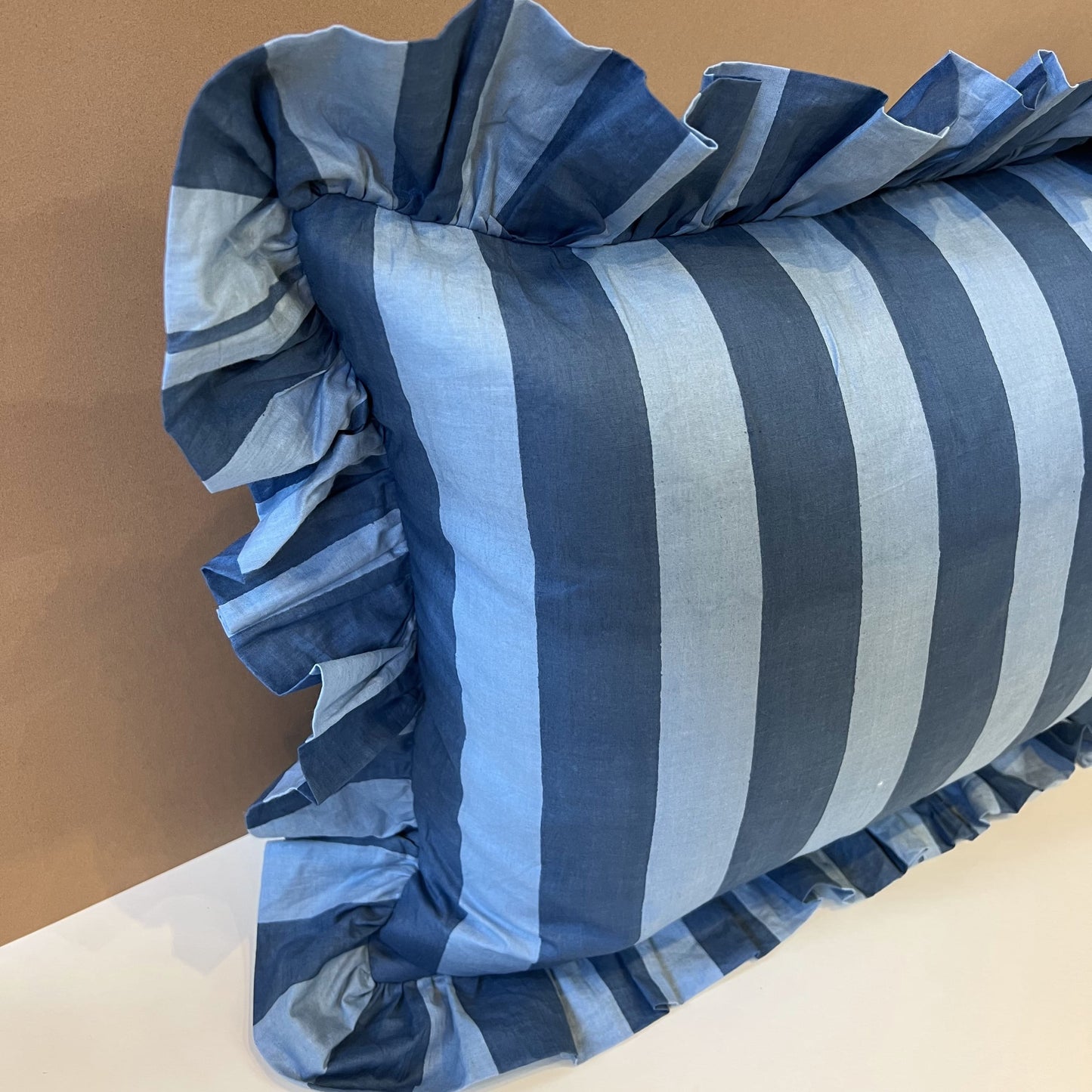 Cushions Cushion - Denim & Sky Blue Wide Stripe with Ruffle or Piping