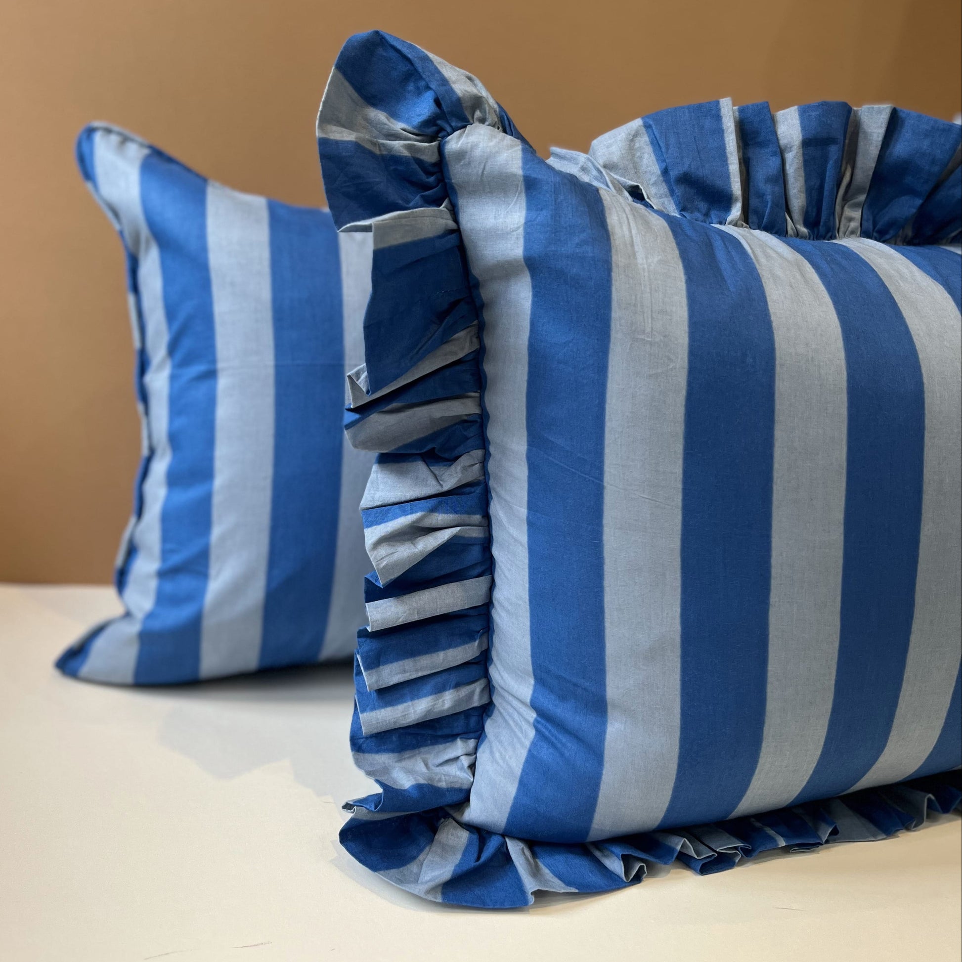 Cushions Cushion - Denim & Sky Blue Wide Stripe with Ruffle or Piping