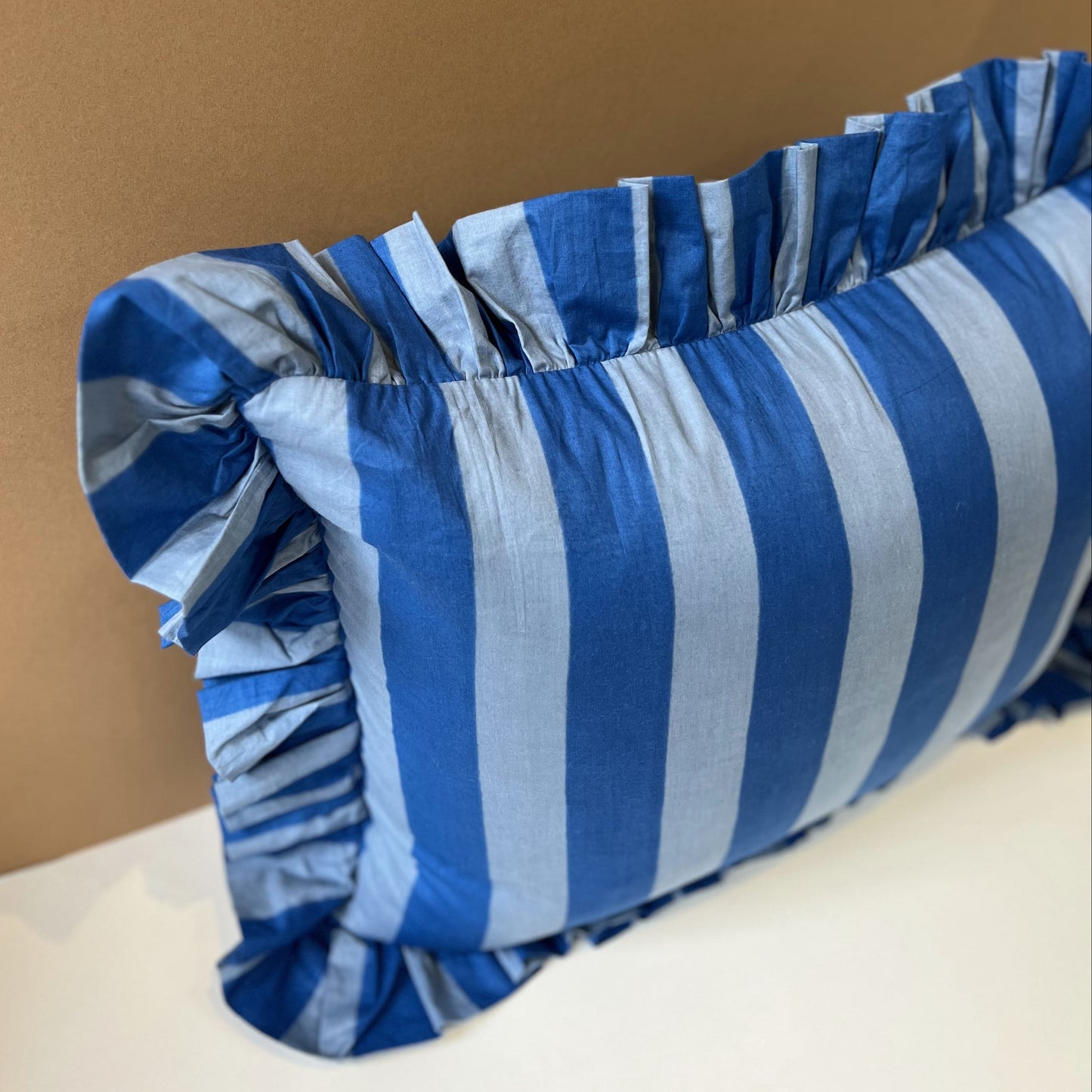 Cushions Cushion - Denim & Sky Blue Wide Stripe with Ruffle or Piping